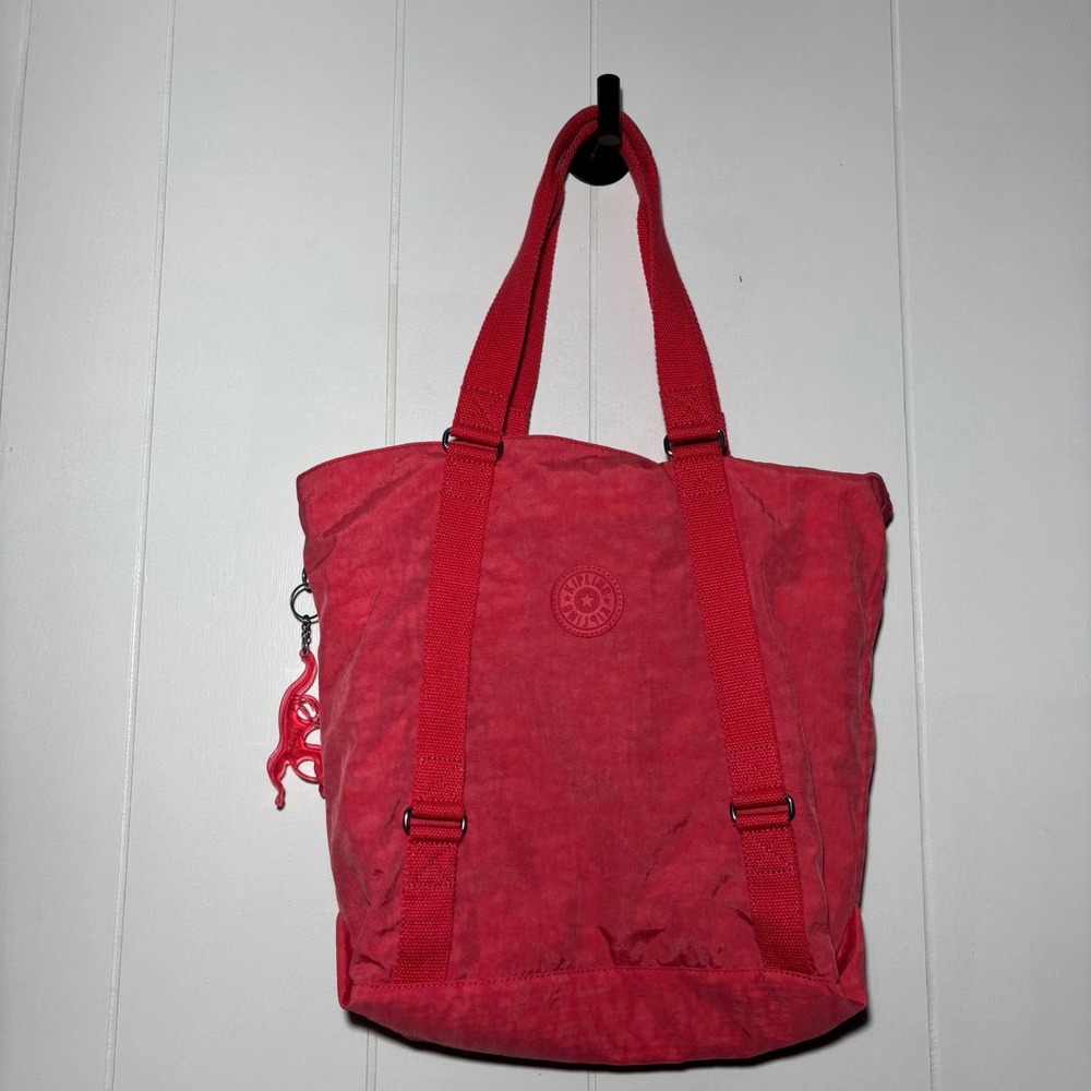 Kipling Kyoko Crinkle Nylon Tote Bag Coral Pink Monkey Keychain Lightweight